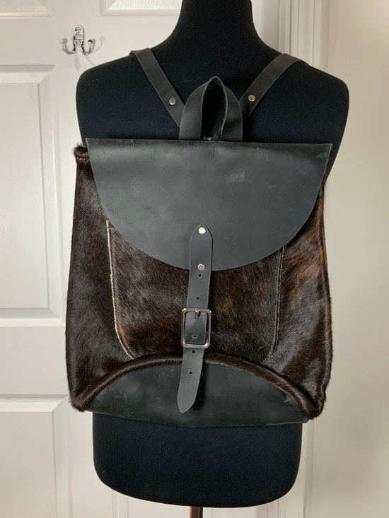 Genuine Leather Western Rustic Brown Black Cowhide Fur Front Backpack